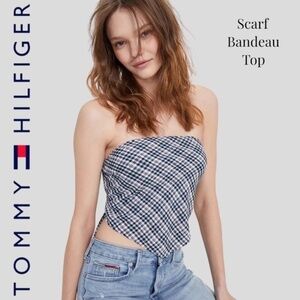 TOMMY JEANS NWT Plaid Smocked-Back-Panel Back-Tie Strapless Scarf Bandeau Top